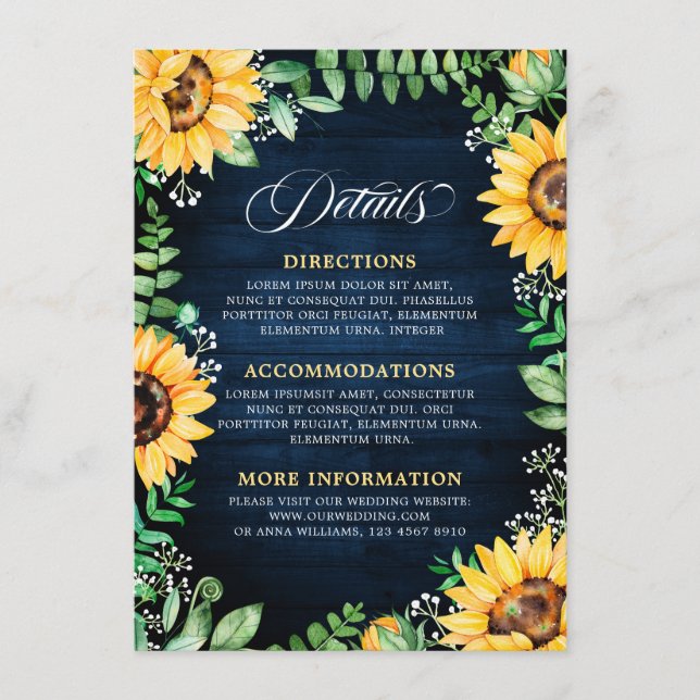 Tarjeta De Recepción Girasoles Rústicos Detalles de Bebé Respiro Azul M (Anverso)