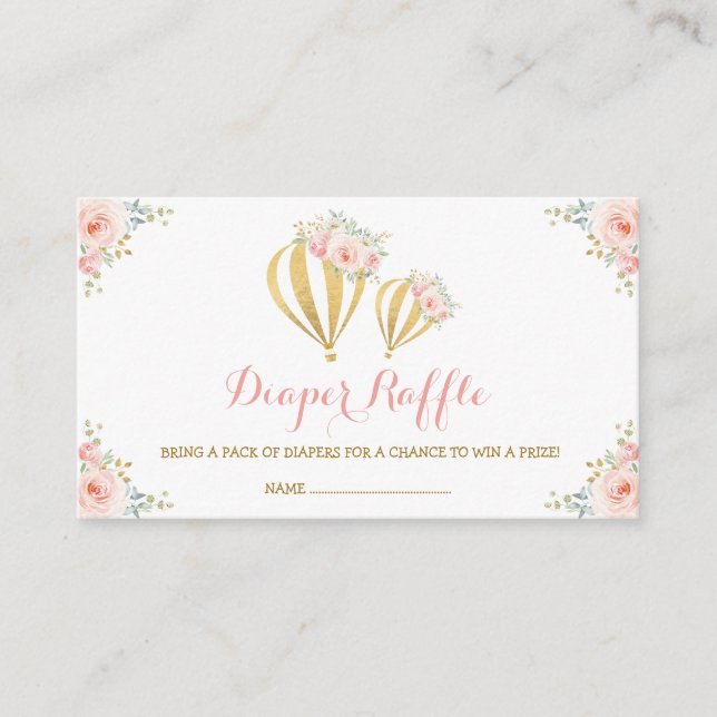 Tarjeta De Recepción Girly Hot Air Balloon Rubor Floral Diaper Raffle (Anverso)