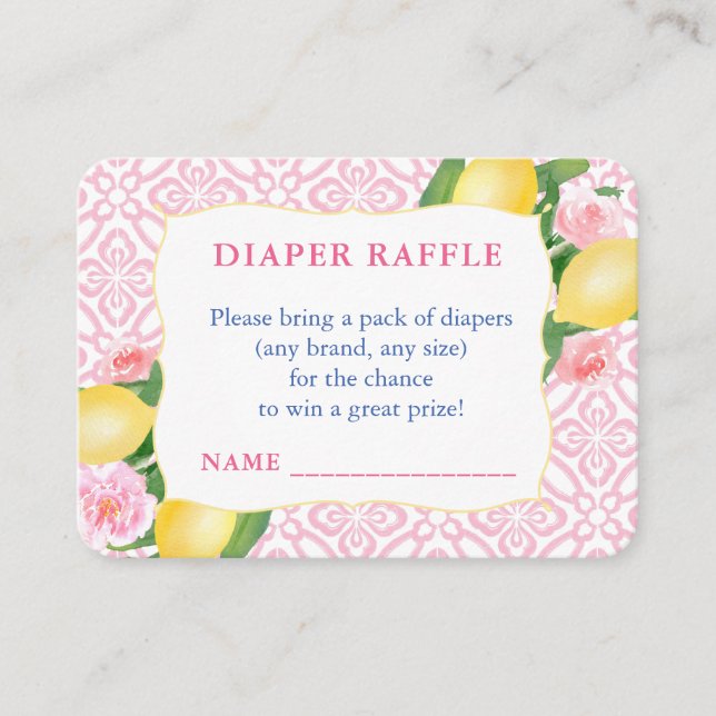 Tarjeta De Recepción Girly Pink Lemons Baby Shower Diaper Raffle (Anverso)