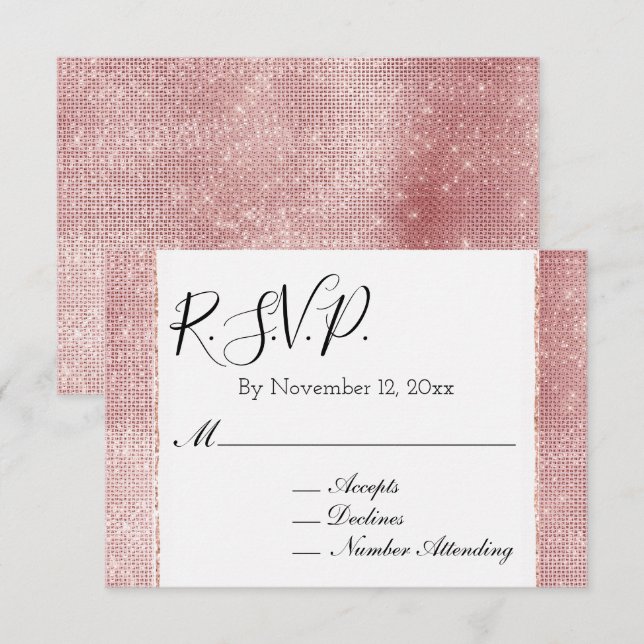 Tarjeta De Recepción Glam Blush Rosa Blanco Glitzy Brillo RSVP (Anverso / Reverso)