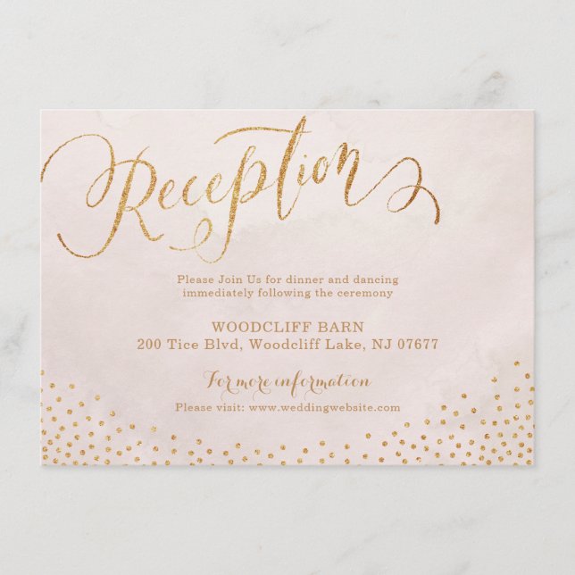 Tarjeta De Recepción Glam blush rose gold calligraphy reception card (Anverso)