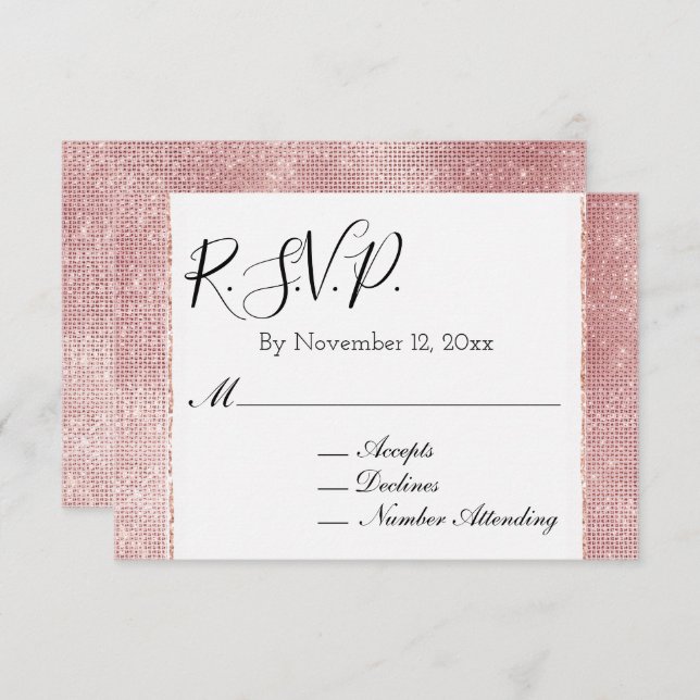 Tarjeta De Recepción Glam Rosa Beige Blanco Glitzy Brillo RSVP (Anverso / Reverso)