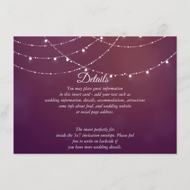 Tarjeta De Recepción Glam White Fairy Lights Pink Purple DETAILS Card (Anverso)