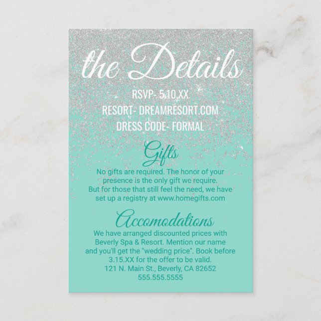 Tarjeta De Recepción Glam White Purpurina esparce detalles de Bodas Ver (Anverso)