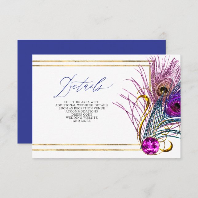 Tarjeta De Recepción Glitter Gold Blue Purple Peacock Plume Wedding (Anverso / Reverso)