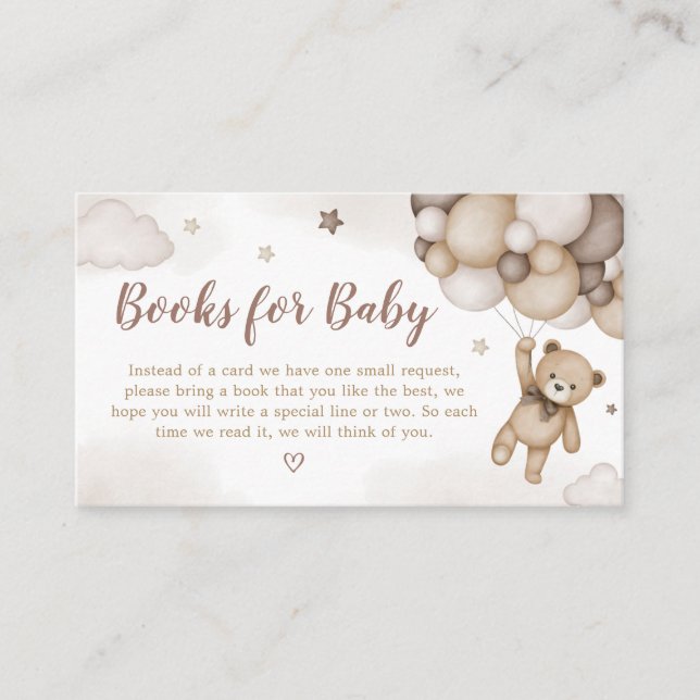 Tarjeta De Recepción Globo de oso marrón: libros Baby Shower para bebé (Anverso)