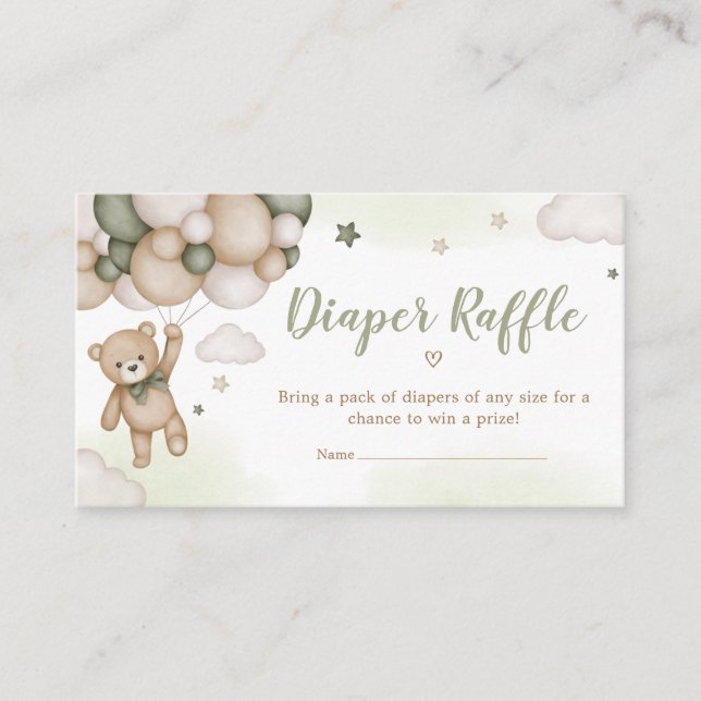 Tarjeta De Recepción Globo de oso verde Baby Shower Diaper Raffle (Anverso)