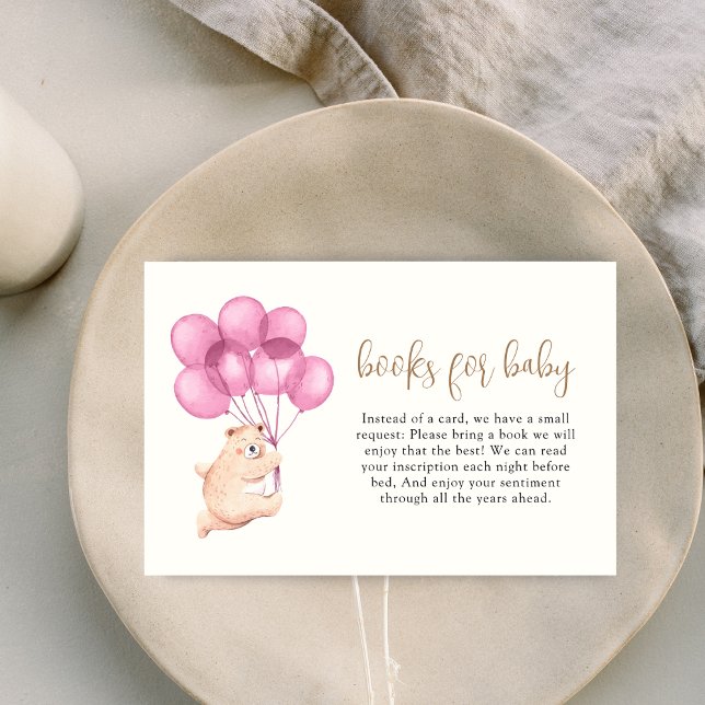 Tarjeta De Recepción Globo rosa de oso lindo Baby Shower Libros Para Be (Cute Bear Pink Balloon Baby Shower Books For Baby Enclosure Card)