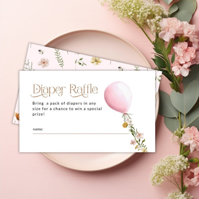 Tarjeta De Recepción Globo rosa Flor silvestre Diaper Raffle Baby Showe (Pink Balloon Wildflower Diaper Raffle Baby Shower Enclosure Card)