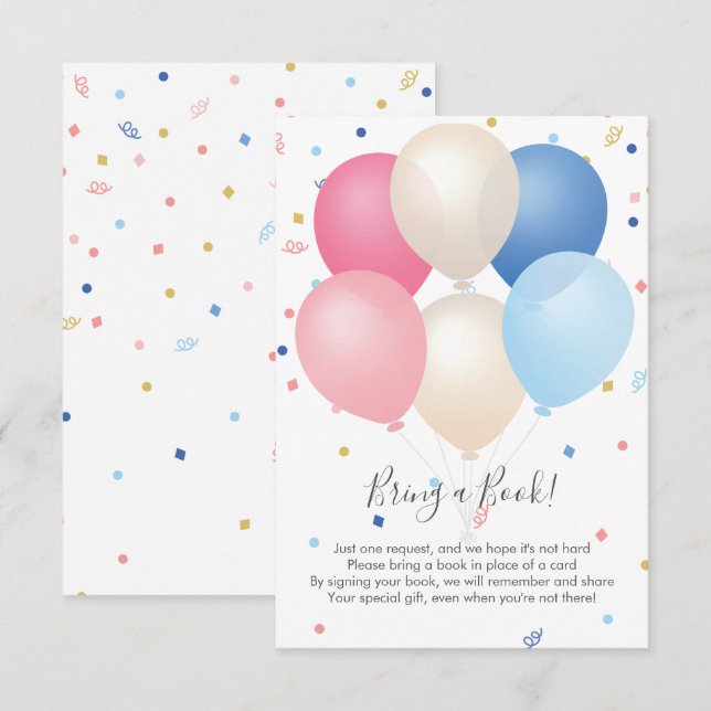 Tarjeta De Recepción Globos azules rosados y confetti traen un libro (Anverso / Reverso)