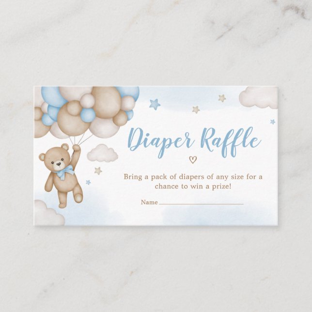 Tarjeta De Recepción Globos de oso azul Baby Shower Diaper Raffle (Anverso)