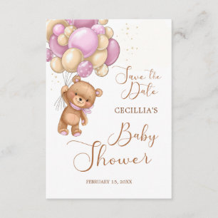 Tarjeta De Recepción Globos rosados de oso Baby Shower Guardar la fecha