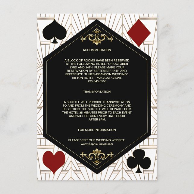 Tarjeta De Recepción Gold Art Deco Casino Vegas Poker Wedding Details (Anverso)