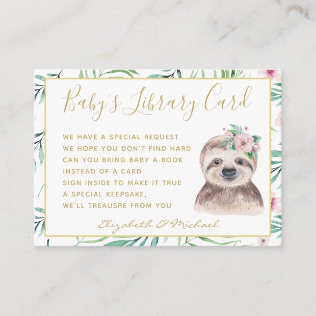 Tarjeta De Recepción Gold Baby Library Solicitud de libro Floral Sloth (Anverso)