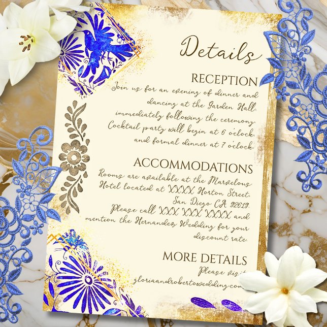 Tarjeta De Recepción Gold Blue Mexican Baroque Hummingbird Wedding Encl (Elegant Baroque details with cobalt and gold accents bring this Mexican-inspired card to life.)