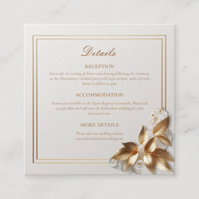 Tarjeta De Recepción Gold Botanical Wedding Details (Anverso)