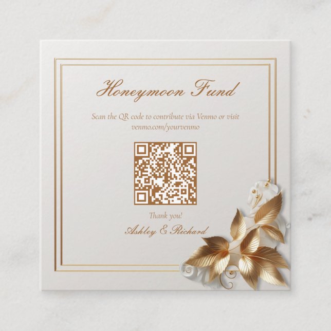 Tarjeta De Recepción Gold Botanical Wedding Honeymoon Fund QR Code (Anverso)
