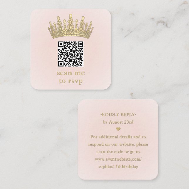Tarjeta De Recepción Gold Crown Blush Pink Quinceañera Scan Me QR RSVP (Anverso / Reverso)