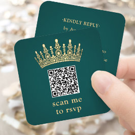 Tarjeta De Recepción Gold Crown Dark Green Quinceañera Scan Me QR RSVP