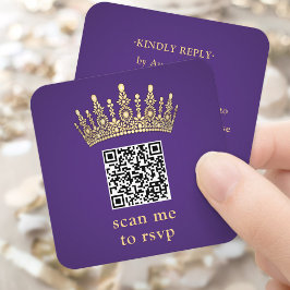 Tarjeta De Recepción Gold Crown Dark Purple Quinceañera Scan Me QR RSVP