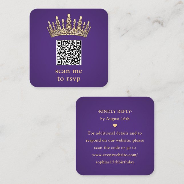 Tarjeta De Recepción Gold Crown Dark Purple Quinceañera Scan Me QR RSVP (Anverso / Reverso)