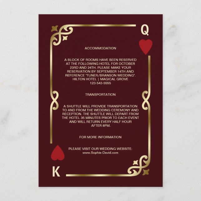 Tarjeta De Recepción Gold Deep Burgundy Casino Vegas Wedding Details (Anverso)