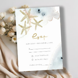 TARJETA DE RECEPCIÓN GOLD DUSKY BLUE BEACHY STARFISH WEDDING RSVP