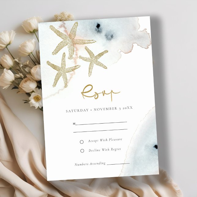 TARJETA DE RECEPCIÓN GOLD DUSKY BLUE BEACHY STARFISH WEDDING RSVP (Subido por el creador)