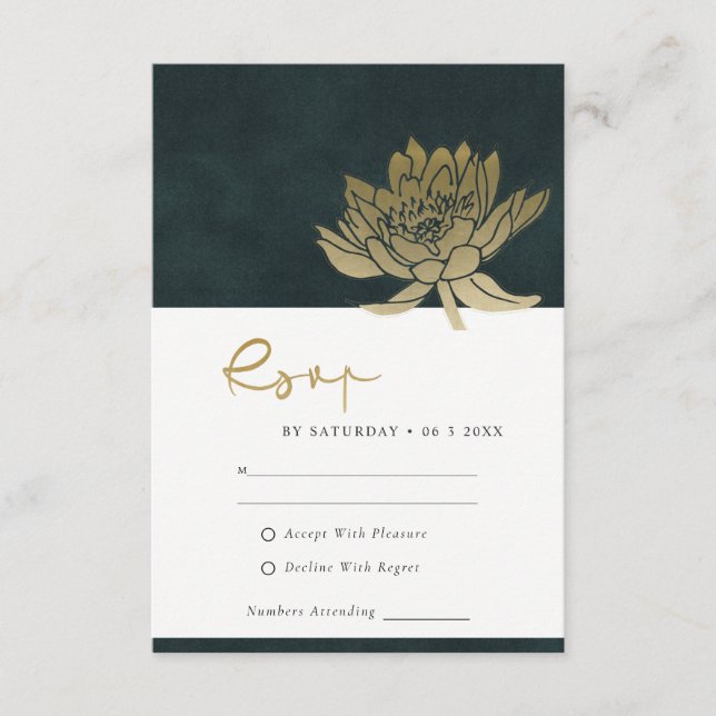 TARJETA DE RECEPCIÓN GOLD EMERALD VERDE LOTUS FLORAL WEDDING RSVP (Anverso)