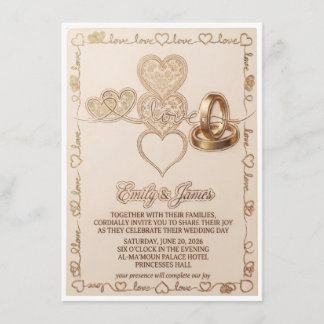 Tarjeta De Recepción Gold Hearts & Wedding Rings Elegant Invitation