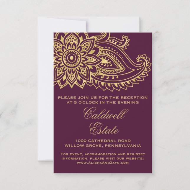 Tarjeta de recepción Gold Indian Paisley Wedding (Anverso)