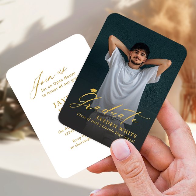 Tarjeta De Recepción Gold Mini Modern Script Photo Graduation (Gold Mini Modern Script Photo Graduation Enclosure Card)