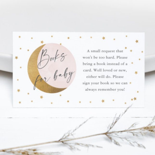Tarjeta De Recepción Gold Moon y Star Baby Shower Books para el bebé (Gold Moon and Stars Pink Baby Shower Books for Baby Enclosure Card.)