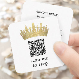 Tarjeta De Recepción Gold Quinceañera Crown Scan Me QR RSVP Chic Modern