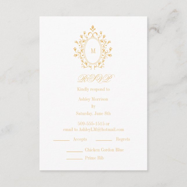 Tarjeta De Recepción Gold RSVP card Monogram With 2 Entree Choice (Anverso)