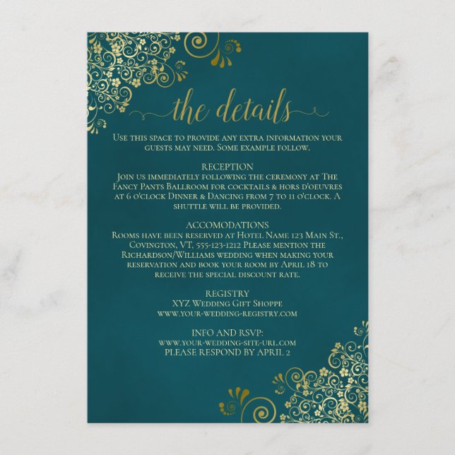 Tarjeta De Recepción Golden Curls & Swirls on Dark Teal Wedding Details (Anverso)
