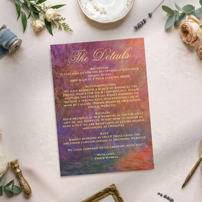 Tarjeta De Recepción Golden Orange Purple Sunset Sky Monet Art Wedding (Subido por el creador)