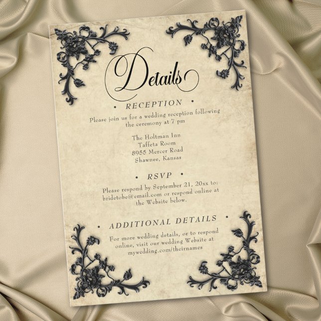 Tarjeta De Recepción Gothic Black Tan Parchment Filigree Heart Wedding (Gothic Black Tan Parchment Filigree Heart Wedding Enclosure Card)