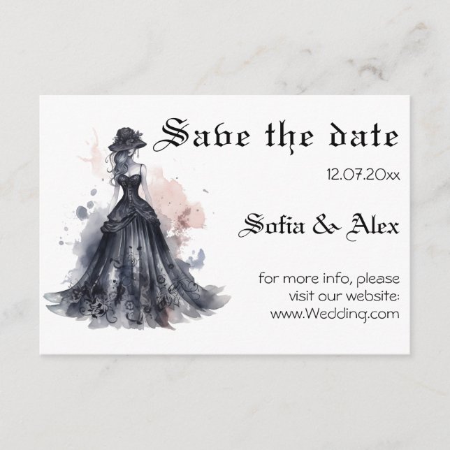 Tarjeta De Recepción Gótico acuarela boda vestido negro salva la fecha (Anverso)