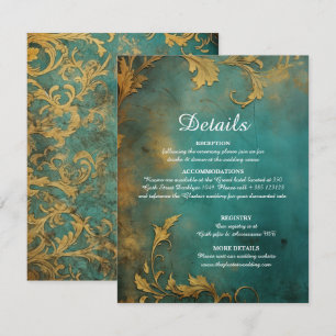 Tarjeta De Recepción Gótico Floral Verde azulado Y Oro
