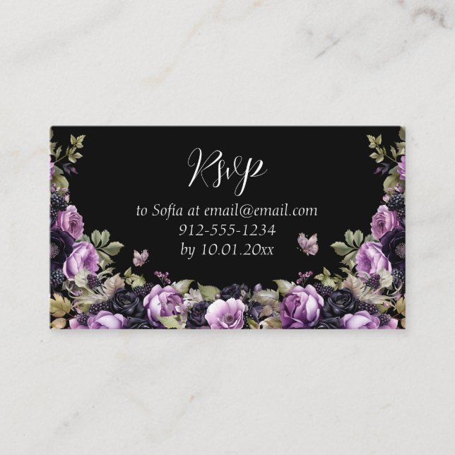 Tarjeta De Recepción Gótico Morado y Negro Moody Florals Quinceañera (Anverso)