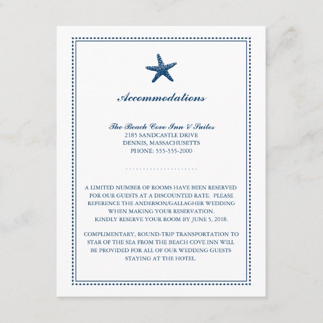 Tarjeta De Recepción Graceus Starfish Blue | Alojamiento Boda (Anverso)