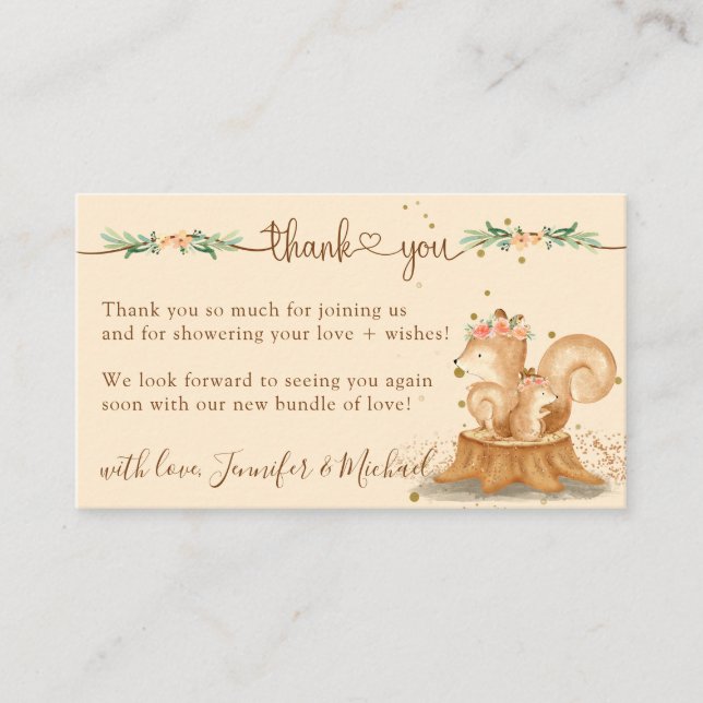 Tarjeta De Recepción Gracias a Squirrel Baby Shower New Mommy (Anverso)