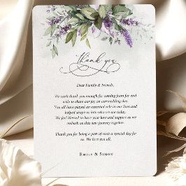 Tarjeta De Recepción Gracias Boda de guiones de verde de lavanda de tar