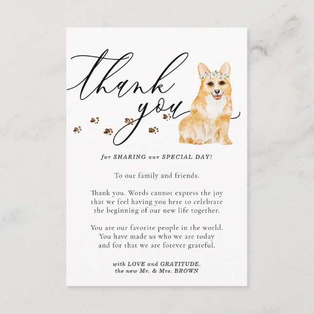 Tarjeta De Recepción Gracias Boda de perritos Corgi (Anverso)