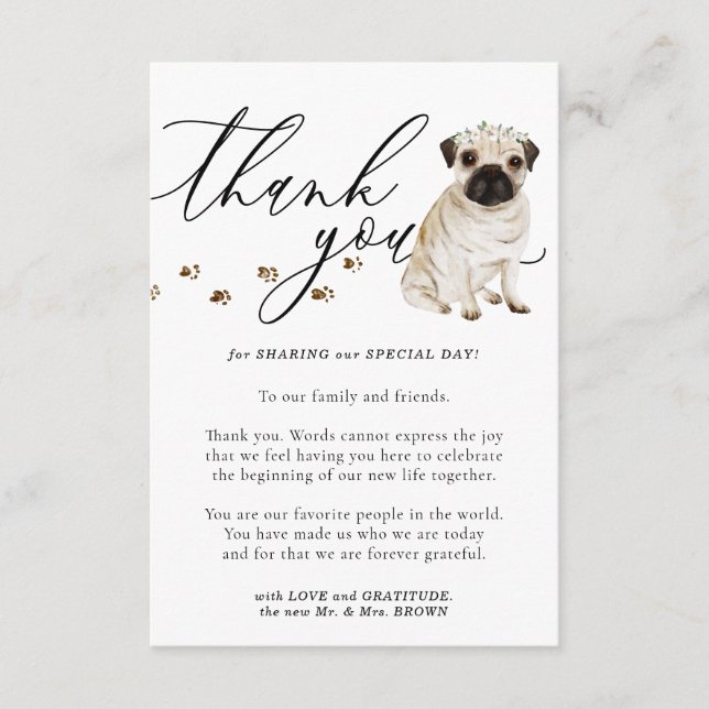 Tarjeta De Recepción Gracias, Boda de perritos Pug (Anverso)