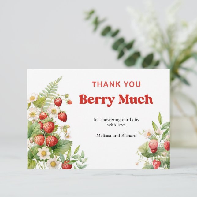 Tarjeta De Recepción Gracias Boho Strawberry Baby Shower Berry Sweet (Anverso de pie)