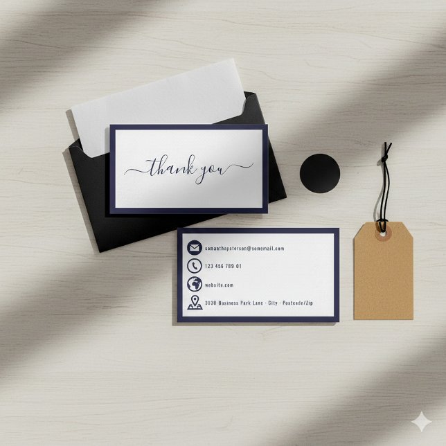 Tarjeta De Recepción Gracias borde negrita e iconos azules elegantes (Thank you bold border and blue contact icons elegant enclosure card.)