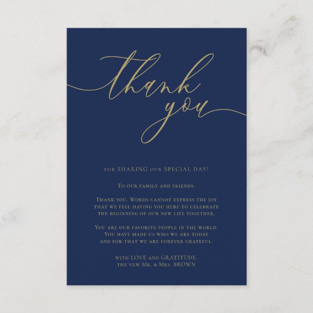Tarjeta De Recepción Gracias simple boda oro navy (Anverso)