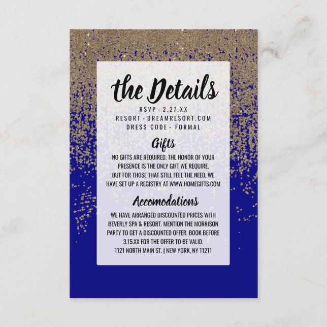 Tarjeta De Recepción Gradiente Ombre de Purpurina de oro azul cobalto (Anverso)